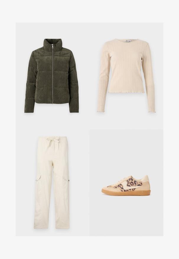 Oliven grøn kordfløjl pufferjakke med høj krave, frontlynlås og ribbet struktur. Har polstrede sektioner med en blød finish.; Beige langærmet ribbet top med rund hals og bølget kant. Stoffet har et subtilt struktureret mønster gennem hele designet.; Beige cargo bukser med snøre i taljen, udstyret med to sidelommer og syede detaljer. Fremstillet af letvægts bomuldsstof.; Leopardprint sneakers med beige ruskindsoverdel, tan gummisål og hvide detaljer. Rund pegefinger og snørebåndsdesign med en tekstureret finish.