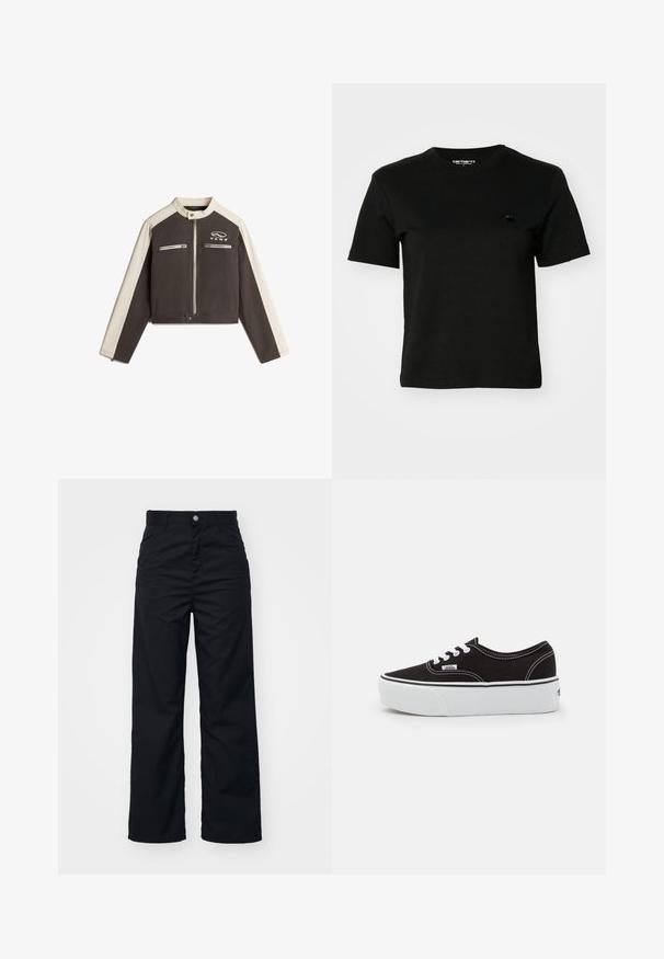 Vans RYDEN BIKER - Spijkerjas - black; Zwart T-shirt van katoen. Korte mouwen en een ronde hals. Heeft een klein, donker logo op de linkerborst. Eenvoudig, klassiek ontwerp.; Zwarte wijde broek gemaakt van duurzaam materiaal, met een knoopsluiting aan de voorkant, twee zijzakken en een gladde textuur.; Zwarte canvas sneaker met een witte rubberen platformzool, voorzien van witte veters en stiksels, iconische branding op de zijkant, low-top ontwerp.