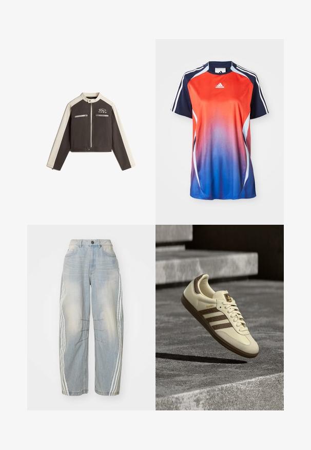 Vans RYDEN BIKER - Spijkerjas - black; Adidas sportshirt met korte mouwen, voorzien van een gradient van rood naar blauw, met marineblauwe accenten en witte strepen langs de schouders.; Lichtblauwe denim jeans met een losse pasvorm, voorzien van witte strepen aan de zijkanten, verweringdetails en een knoopsluiting in de taille.; Crèmekleurige sneaker met bruine accenten, getextureerde zijstrepen en een glad leren afwerking. Voorzien van een veterontwerp en een rubberen zool.