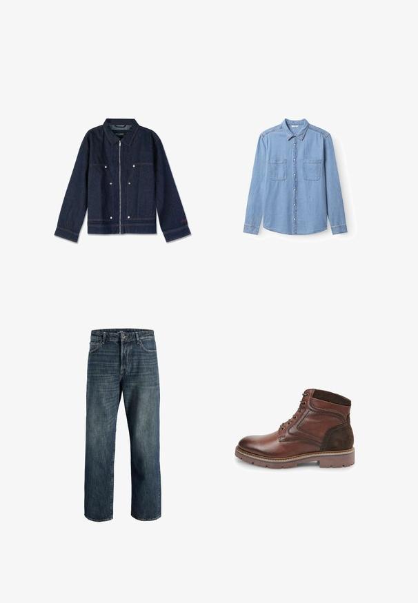 Mørkeblå denimjakke med krave, lynlås i front, to forlapper og hvide trykknapper. Har et mærke indeni.; Lyseblå denim skjorte med lange ærmer og knapper foran samt to brystlommer, spredt krave og synlige syninger.; Mørkeblå denim jeans med løs pasform, der har fem lomme-design, knap og lynlås lukning samt synlige sømdetaljer.; Brune læder ankelstøvler med et ruskindspanel, forstærket tå og robust gummisål. Har metaløjer og snørebånd.