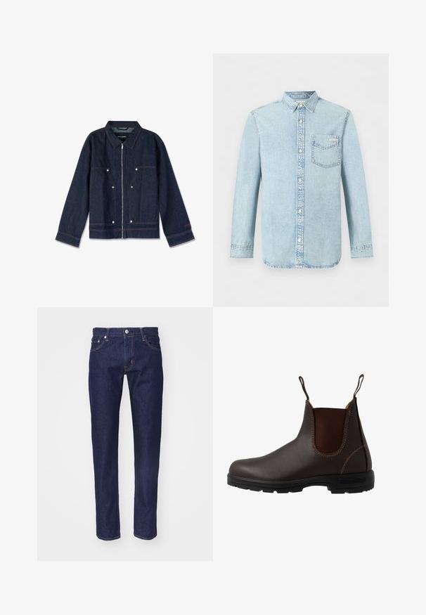 Chaqueta de mezclilla azul oscuro con cuello, cierre de cremallera, dos bolsillos frontales y botones a presión blancos. Presenta una etiqueta de marca en el interior.; Camisa de mezclilla azul claro de manga larga con apertura de botones en la parte delantera, un bolsillo en el pecho con el logo de Calvin Klein y cuello puntiagudo.; Vaqueros de denim azul marino con corte recto, diseño de cinco bolsillos, costuras en naranja contrastante y un cierre de botón plateado en la cintura.; Bota Chelsea de cuero marrón con panel elástico lateral, costuras marrones, tiradores y suela de goma resistente con un patrón texturizado.