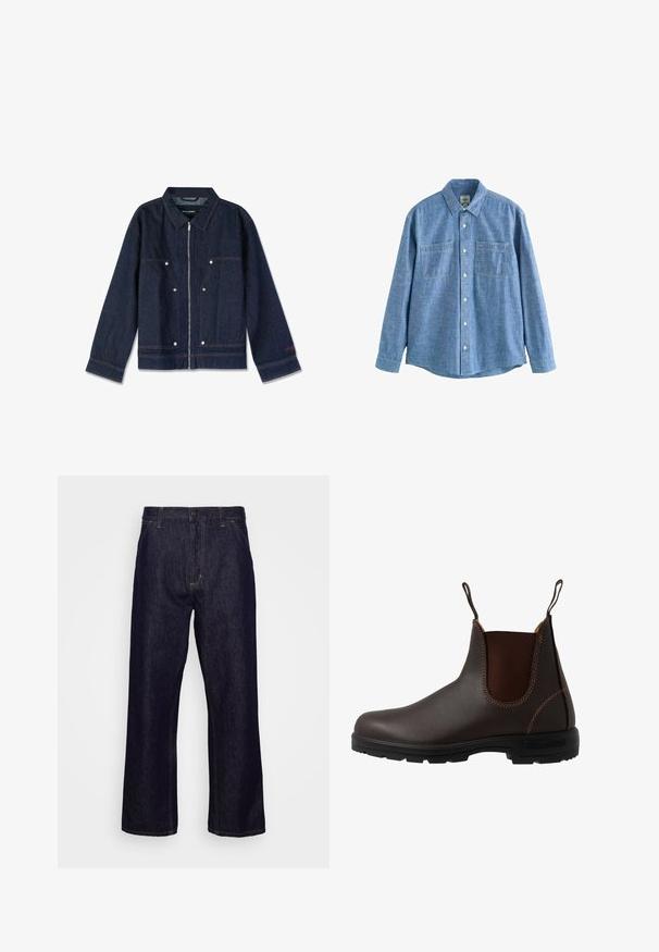 Mørkeblå denimjakke med krave, lynlås i front, to forlapper og hvide trykknapper. Har et mærke indeni.; Langærmet blå chambray-skjorte med knaplukning foran og to brystlommer, lagt fladt på en hvid baggrund.; Mørkeblå lige ben denim jeans med forlommer, bæltestropper, lynlås og knaplukning, præsenteret foran en simpel hvid baggrund.; Brun læder Chelsea-støvle med elastisk sidepanel, brun syning, trækstropper og en holdbar gummisål med et tekstureret mønster.
