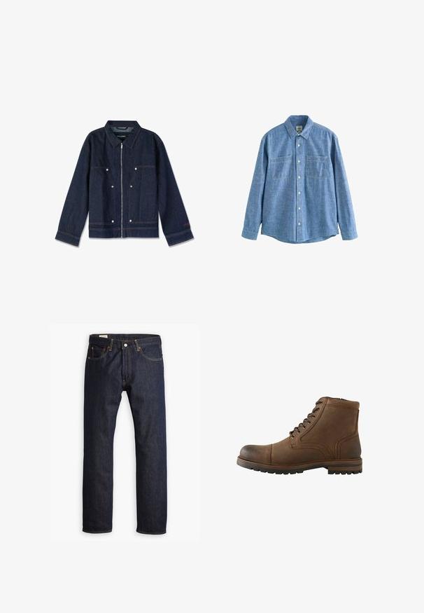 Mørkeblå denimjakke med krave, lynlås i front, to forlapper og hvide trykknapper. Har et mærke indeni.; Langærmet blå chambray-skjorte med knaplukning foran og to brystlommer, lagt fladt på en hvid baggrund.; Mørkeblå denimjeans med lige ben, orange syninger og fem lomme-design med metalspænde.; Brun læderankelstøvle med snørelukning foran og robust sål, designet til casual eller udendørs brug.