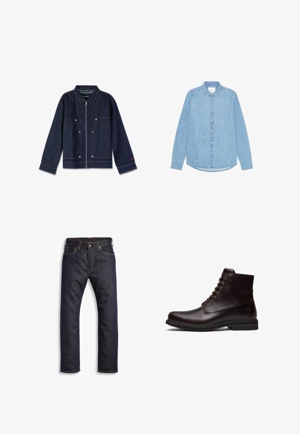 Mørkeblå denimjakke med krave, lynlås i front, to forlapper og hvide trykknapper. Har et mærke indeni.; Lyseblå denimskjorte med knapper, lange ærmer, spidst krave og afrundet kant. Har knaplukning foran og lille logodetalje.; Mørkeblå denimjeans med lige snit, fem-lomme design, metalbeslag og kontrasterende orange syninger. Glat tekstur, ingen synlige mønstre.; Mørkebrun læder snørestøvle med gummisål og subtilt præget logo nær hælen, vist fra ydersiden.