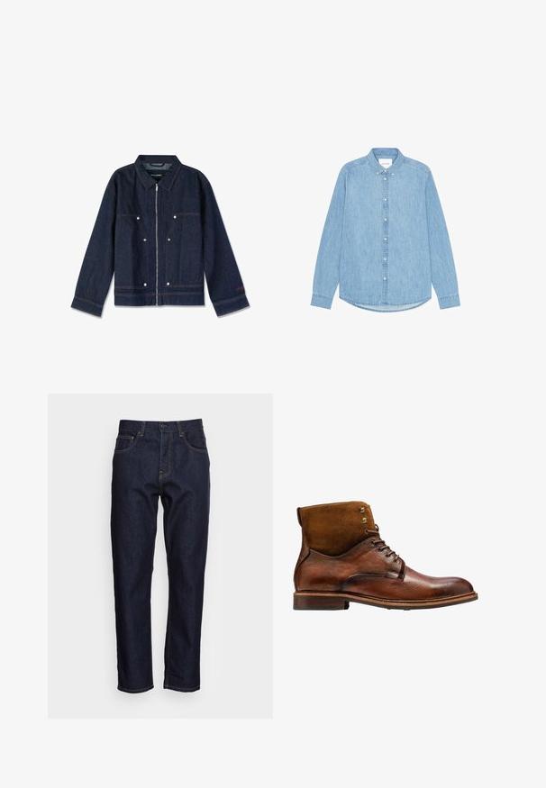 Mørkeblå denimjakke med krave, lynlås i front, to forlapper og hvide trykknapper. Har et mærke indeni.; Lyseblå denimskjorte med knapper, lange ærmer, spidst krave og afrundet kant. Har knaplukning foran og lille logodetalje.; Mørkeblå denimjeans med lige pasform, fem lommer og kontrasterende gul syning. Designet med en klassisk knap- og lynlåslukning.; Kazar ALID - Snørestøvletter - brown
