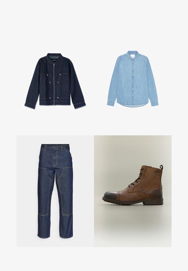 Mørkeblå denimjakke med krave, lynlås i front, to forlapper og hvide trykknapper. Har et mærke indeni.; Lyseblå denimskjorte med knapper, lange ærmer, spidst krave og afrundet kant. Har knaplukning foran og lille logodetalje.; Mørkeblå denim jeans med høj talje, lige ben-design, kontrastsyninger og lappelommer foran.; Brun læderstøvle med snørebånd, sort tåhætte, rund sål og mærket detalje på siden mod ensfarvet baggrund.