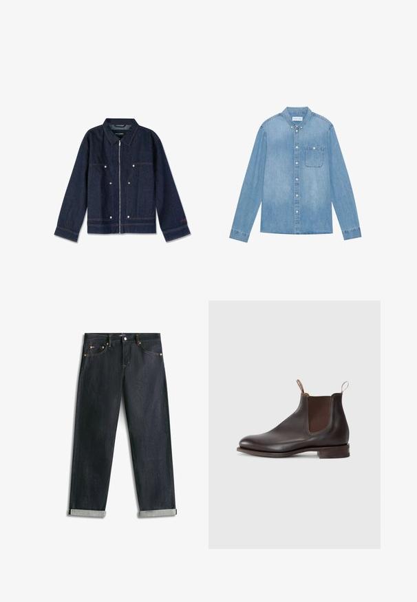 Chaqueta de mezclilla azul oscuro con cuello, cierre de cremallera, dos bolsillos frontales y botones a presión blancos. Presenta una etiqueta de marca en el interior.; Camisa de mezclilla azul claro, con botones, mangas largas, collar puntiagudo, un bolsillo en el pecho y un ligero desgaste en la tela.; Vaqueros de mezclilla azul oscuro con puños enrollados, cinco bolsillos y costuras de contraste, extendidos planos sobre un fondo blanco.; Botín Chelsea de cuero marrón con paneles laterales elásticos, tirador, punta redonda y tacón bajo apilado. Textura suave, diseño minimalista.