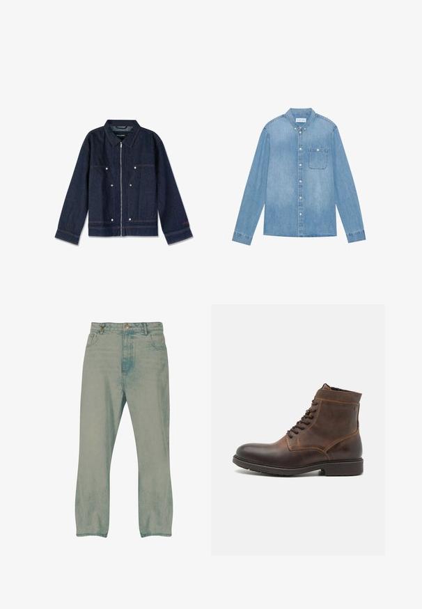 Mørkeblå denimjakke med krave, lynlås i front, to forlapper og hvide trykknapper. Har et mærke indeni.; Lys blå denim skjorte med knapper, lange ærmer, spids krave, en enkelt brystlomme og subtil falmning på stoffet.; Lyseblå jeans med lige ben, forrest knapper, bæltestropper og forlommer, vist mod en hvid baggrund.; Jack & Jones JFWDELANEY BOOT - Snørestøvletter - cognac