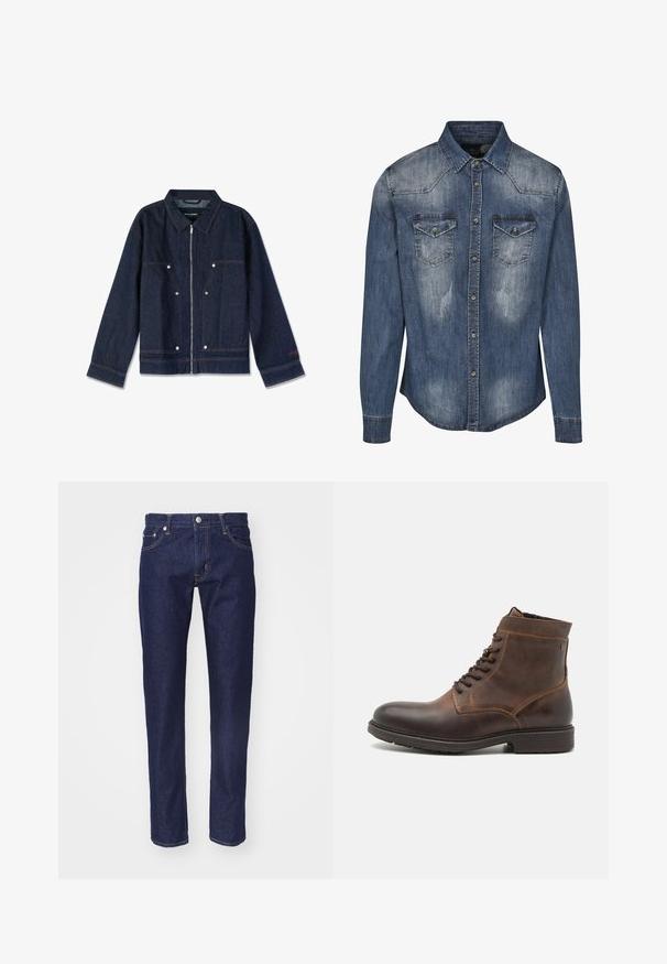 Chaqueta de mezclilla azul oscuro con cuello, cierre de cremallera, dos bolsillos frontales y botones a presión blancos. Presenta una etiqueta de marca en el interior.; Camisa de mezclilla en azul oscuro con cuello clásico, mangas largas, dos bolsillos en el pecho, textura desgastada y cierre frontal de botones.; Vaqueros de denim azul marino con corte recto, diseño de cinco bolsillos, costuras en naranja contrastante y un cierre de botón plateado en la cintura.; Jack & Jones JFWDELANEY BOOT - Botines con cordones - cognac