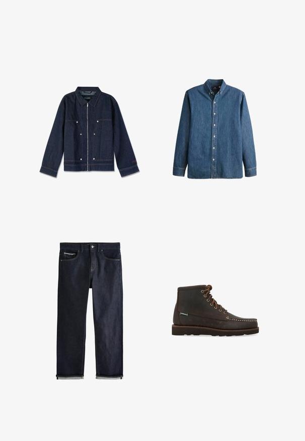 Mørkeblå denimjakke med krave, lynlås i front, to forlapper og hvide trykknapper. Har et mærke indeni.; Denim button-up skjorte i mellemblå, med lange ærmer, spidse kraver, hvide knapper og en tætsiddende pasform med diskret logo broderi.; Mørkeblå denimjeans med opsmøgede manchetter, knap- og lynlåslukning, for- og møntlommer samt kontrastsyning på hvid baggrund.; Sebago Snørestøvletter - marrone