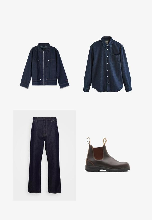Chaqueta de mezclilla azul oscuro con cuello, cierre de cremallera, dos bolsillos frontales y botones a presión blancos. Presenta una etiqueta de marca en el interior.; Camisa de mezclilla azul oscuro de manga larga con botones, cuello y un bolsillo en el pecho, mostrada sobre fondo blanco.; Jeans de mezclilla de pierna recta en azul oscuro con bolsillos frontales, trabillas para el cinturón, cierre de cremallera y botón, mostrados sobre un fondo blanco liso.; Botas Chelsea de cuero marrón con paneles laterales elásticos y tiradores. Parte superior texturizada, suela de goma duradera y detalle de costura en contraste.