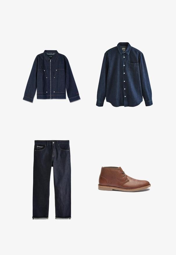 Mørkeblå denimjakke med krave, lynlås i front, to forlapper og hvide trykknapper. Har et mærke indeni.; Mørkeblå denim skjorte med lange ærmer, knapper foran, krave og en enkelt brystlomme, vist mod hvid baggrund.; Mørkeblå denimjeans med en klassisk lige pasform, der har fem lommer, knaplukning og op rullede manchetter, som viser en lys blå foring.; Brune læder ankelstøvler med et elegant design, der har en simpel snørebånd, rund tå og gummisål. Glat tekstur med syede detaljer.