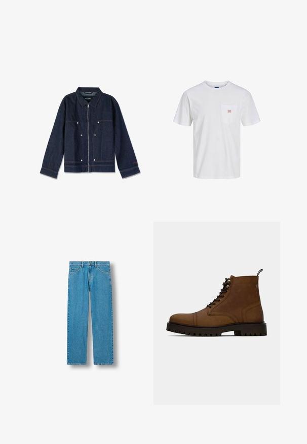 Mørkeblå denimjakke med krave, lynlås i front, to forlapper og hvide trykknapper. Har et mærke indeni.; Hvid T-shirt med korte ærmer og rund halsudskæring med en brystlomme, der har et lille rødt rektangulært logo.; Blå denimjeans med lige ben, forside med knap- og lynlås-lukning, bæltestropper samt for- og baglommer.; Brun læder snørefri ankelstøvle med tyk sort sål og hængslet på en hvid baggrund.