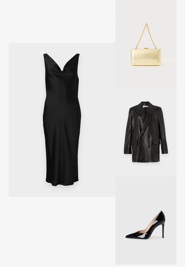 Blazer en cuir noir à double boutonnage avec larges revers, poches avant et accents en bouton. Texture lisse avec une silhouette cintrée.; Robe en satin noir avec un décolleté en V et une conception sans manches. La coupe ajustée présente un corsage drapé et tombe jusqu'à mi-mollet. Texture lisse.; Escarpin noir en cuir verni avec un design à bout pointu et une silhouette élégante. Présente une finition lisse et brillante ainsi qu'un talon aiguille fin.; Pochette rectangulaire dorée à finition brillante, fermoir en métal et courte anse en chaîne dorée sur un fond uni clair.