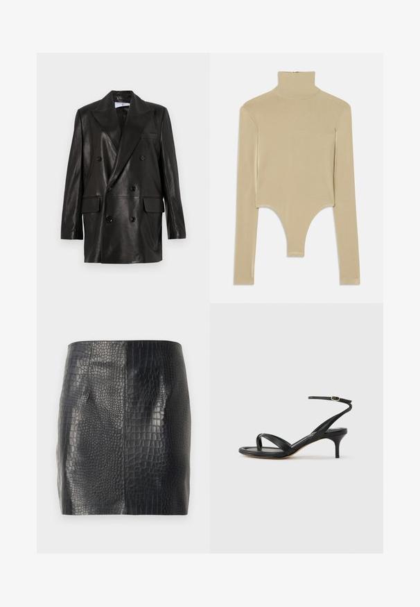Blazer en cuir noir à double boutonnage avec larges revers, poches avant et accents en bouton. Texture lisse avec une silhouette cintrée.; Haut à col roulé beige à manches longues en tissu lisse, avec un bas découpé, d'une coupe ajustée et d'un design minimaliste.; Mini-jupe noire avec texture crocodile brillante et design en panneaux, coupe droite, fabriquée en simili cuir.; Sandale pour femme en cuir noir avec fines lanières, une boucle d'orteil, une boucle à la cheville et un talon aiguille de hauteur moyenne sur un fond neutre.