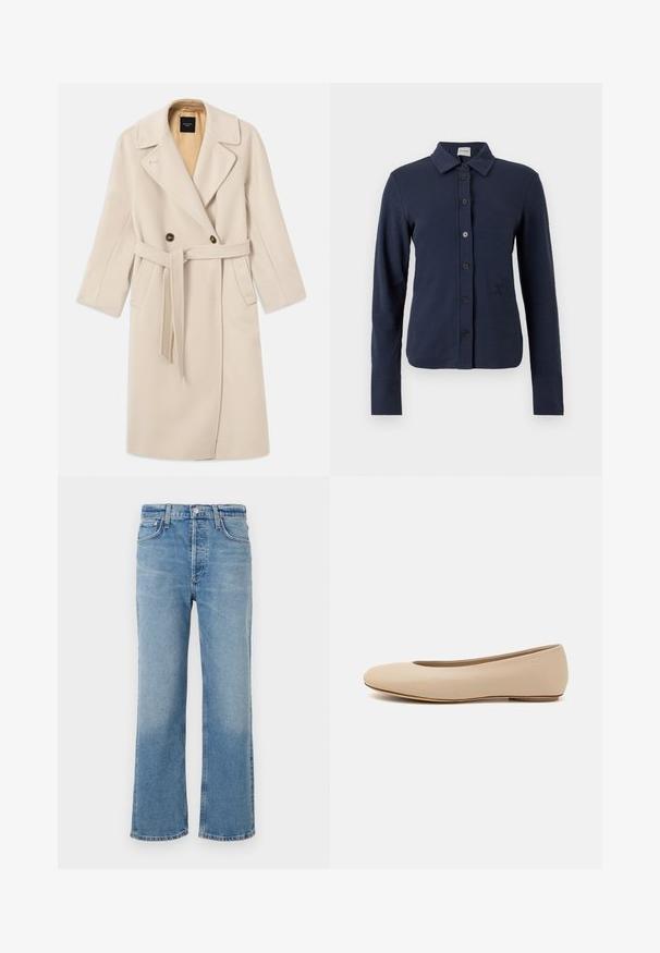 Beige uldblanding dobbeltradet frakke med store klapper, to knapper, forlommer og et matchende bælte. Foret i en lysere nuance.; Marineblå langærmet skjorte med krave, seks sorte knapper foran og et diskret broderet logo på venstre side.; Lys blå denimjeans med lige ben, der har høj talje, fem lommer og et klassisk, let falmet finish.; Beige læder balletflade med afrundet tå, minimal sømdetaljering, lav hæl og subtilt logo på bagsiden. Glat, mat tekstur.