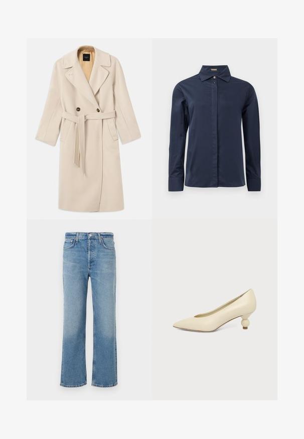 Beige uldblanding dobbeltradet frakke med store klapper, to knapper, forlommer og et matchende bælte. Foret i en lysere nuance.; Marineblå, langærmet skjorte med knapper lavet af et glat, let materiale. Har en klassisk krave og en diskret frontplacket.; Lys blå denimjeans med lige ben, der har høj talje, fem lommer og et klassisk, let falmet finish.; Kremfarvet damesko med spids snude og lav hæl, hvor hælen er rund og kugleformet, på en ensfarvet baggrund.