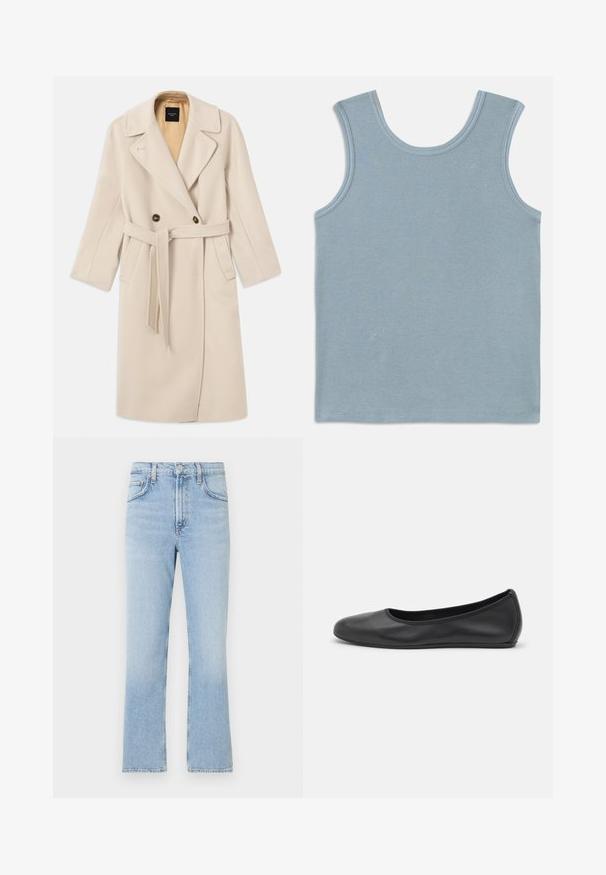 Beige uldblanding dobbeltradet frakke med store klapper, to knapper, forlommer og et matchende bælte. Foret i en lysere nuance.; Lys blå tanktop lavet af ribbet stof. Har en rund halsudskæring og brede ærmegab. Flade sømme ved kanterne og en lige afslutning.; Lyseblå denim jeans med lige ben, høj talje og subtil fading. Har klassisk fem-lomme design og lynlåsgylp.; Sort læderballetsko med rund tå, glat tekstur, minimal syning og et fleksibelt såldesign.