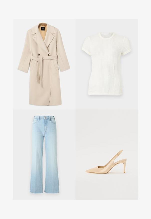 Beige uldblanding dobbeltradet frakke med store klapper, to knapper, forlommer og et matchende bælte. Foret i en lysere nuance.; Hvid ribstrikket t-shirt med korte ærmer, rund halsudskæring og let puffede ærmer.; Lyseblå højtaljede vidde jeans med forreste knapper, lynlås og lommer, vist på en ensfarvet hvid baggrund.; Nude patenteret læder slingback hæl med spidse tæer, åben vamp og en tynd stiletto hæl. Har et cirkulært guldfarvet element på remmen.