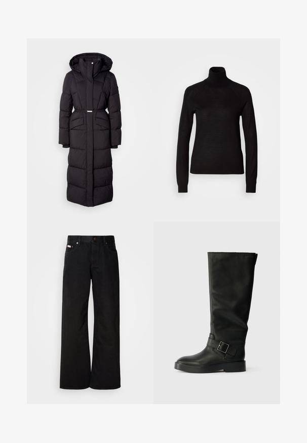 Langer schwarzer gepolsterter Wintermantel mit Kapuze, Fronttaschen, taillierter Passform und einem Reißverschluss auf der Vorderseite, vor einem weißen Hintergrund präsentiert.; Schwarzer Rollkragenpullover aus leichtem Strickmaterial. Mit langen Ärmeln und einer figurbetonten Silhouette mit Raglanärmeln.; Schwarze weite Jeans aus Baumwolle. Verfügt über frontale Taschen, einen Knopfverschluss und eine klassische Denim-Textur. Minimalistisches Design ohne Muster.; Schwarze kniehohe Stiefel aus glattem Leder, mit runder Zehenpartie, dicker Sohle und einem horizontalen Riemen mit rechteckiger Schnalle.