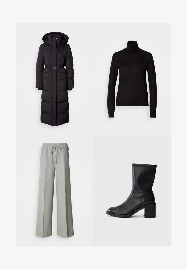 Langer schwarzer gepolsterter Wintermantel mit Kapuze, Fronttaschen, taillierter Passform und einem Reißverschluss auf der Vorderseite, vor einem weißen Hintergrund präsentiert.; Schwarzer Rollkragenpullover aus leichtem Strickmaterial. Mit langen Ärmeln und einer figurbetonten Silhouette mit Raglanärmeln.; Hellgraue Hosen mit weitem Bein, elastischem Bund und Kordelzug, Fronttaschen und einem dezenten strukturierten Stoff.; Schwarze Leder-Ankle Boots mit runder Zehenform, glatter Oberfläche und dicker Absatz, ausgestattet mit einem eng anliegenden Schaft und subtilen Nähten.