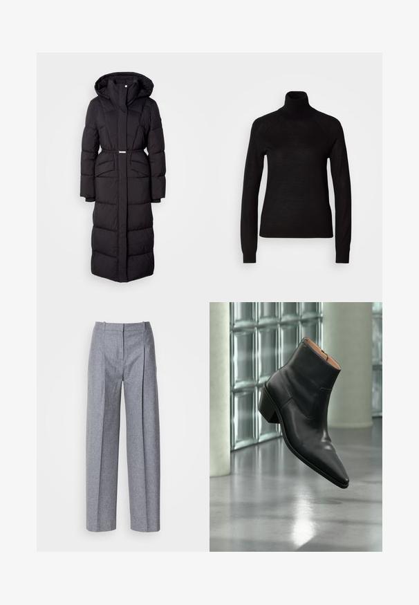Lang sort polstret vinterjakke med hætte, forlommer, taljebælte og lynlåsfortil, præsenteret på en hvid baggrund.; Sort turtleneck sweater lavet af et let strikket stof. Har lange ærmer og en tætsiddende silhuet med raglan-sømme.; Lys grå bredbenede bukser i et struktureret stof, med plisseringer foran og en skræddersyet talje. Minimalistisk design, ingen synlig hardware.; Sort læderankelstøvle med spids tå og blokhæl, der svæver over en reflekterende grå gulv nær en væg af glasblokke.