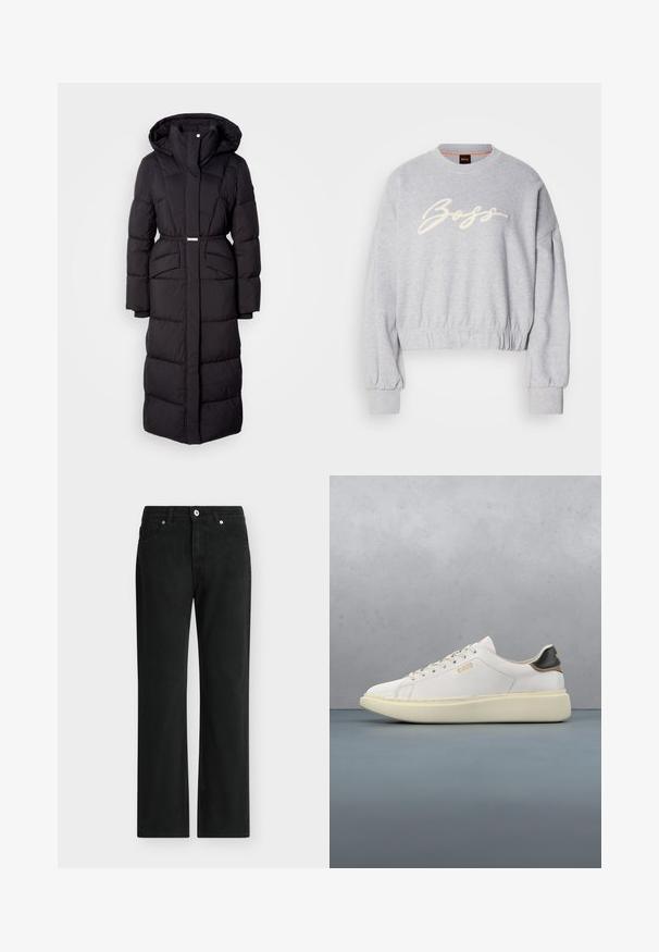 Lange zwarte gewatteerde winterjas met capuchon, voorzakken, een ceintuurlijn en een ritssluiting aan de voorkant, gepresenteerd op een witte achtergrond.; Grijze cropped sweatshirt van zacht materiaal, met een witte geborduurde 'Boss' logo aan de voorkant en elastische boorden aan de mouwen en onderkant.; Zwarte rechte jeans met knoop- en ritssluiting aan de voorkant, ontwerp met vijf zakken en riemlussen.; Witte sneaker met een glad leren bovenwerk, voorzien van een tan en zwart leren hieltab, ronde veters en een chunky beige rubberen zool. Gouden logo detail.