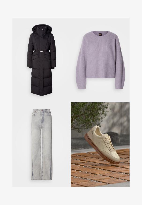 Langer schwarzer gepolsterter Wintermantel mit Kapuze, Fronttaschen, taillierter Passform und einem Reißverschluss auf der Vorderseite, vor einem weißen Hintergrund präsentiert.; Hellpurpurener Strickpullover mit rundem Ausschnitt, überschnittenen Schultern und gerippter Textur. Verfügt über ein dezentes Stichmuster entlang der Nähte.; Helle blaue Jeans mit weitem Bein aus Denim mit verblasster Waschung, ausgestattet mit einem Reißverschluss, fünf Taschen und Kontrastnähten.; Beiger Ledersneaker mit brauner Sohle, der über einer gefliesten Außenterrasse mit verstreuten kleinen Steinen und grünem Laub im Hintergrund schwebt.