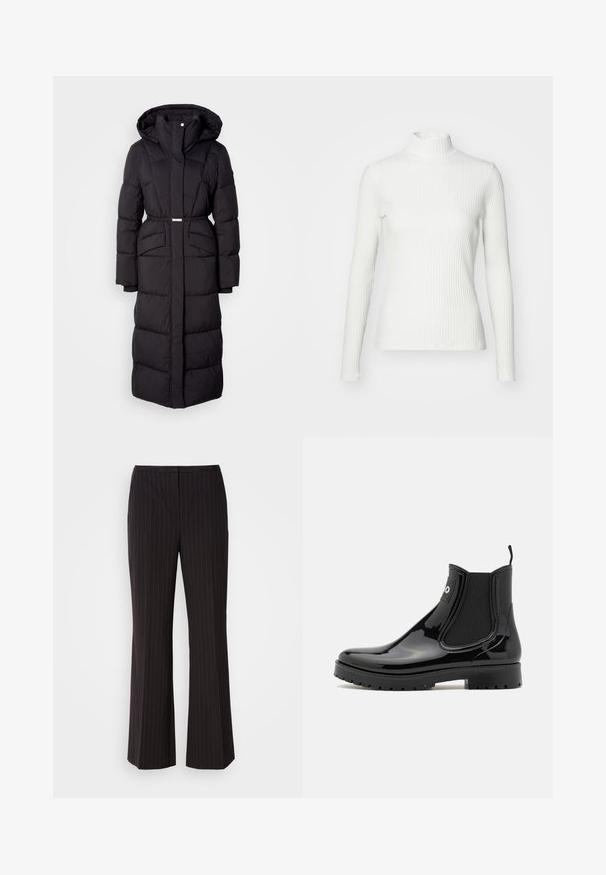 Lang sort polstret vinterjakke med hætte, forlommer, taljebælte og lynlåsfortil, præsenteret på en hvid baggrund.; Hvid ribbet turtleneck blouse med lange ærmer, lavet af elastisk stof. Har et tætsiddende design og høj hals for god dækning.; Sorte stribede bukser med vid ben, lavet af et glat stof, prydet med en mellem-høj talje og et rent frontdesign. Ingen synlige lommer.; HUGO TABITA - Gummistøvler - black