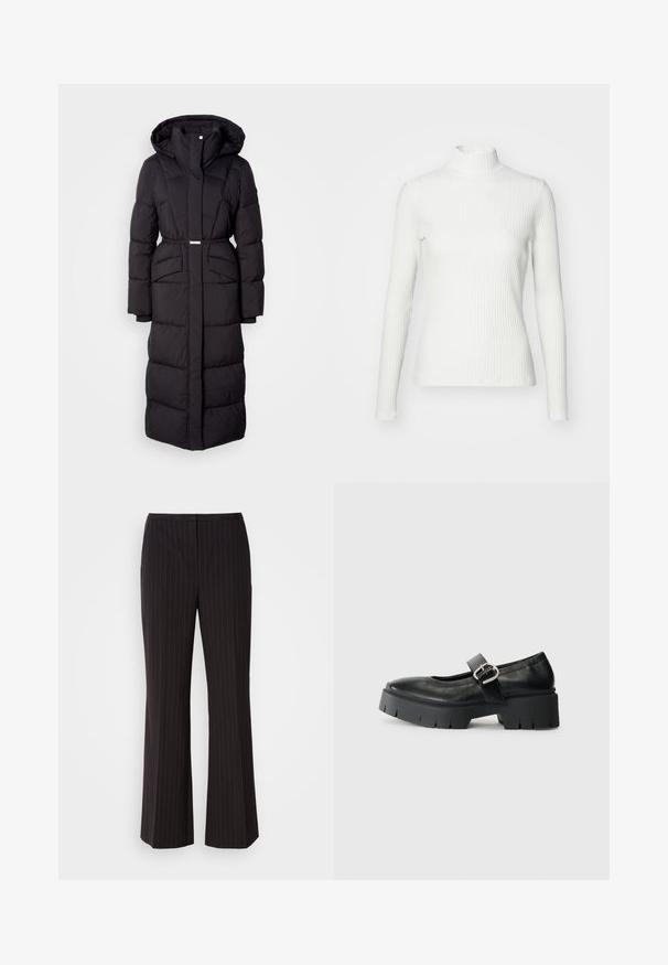 Lang sort polstret vinterjakke med hætte, forlommer, taljebælte og lynlåsfortil, præsenteret på en hvid baggrund.; Hvid ribbet turtleneck blouse med lange ærmer, lavet af elastisk stof. Har et tætsiddende design og høj hals for god dækning.; Sorte stribede bukser med vid ben, lavet af et glat stof, prydet med en mellem-høj talje og et rent frontdesign. Ingen synlige lommer.; Sorte læder Mary Jane sko med en chunky platform sål, rund tå og sidelukning. Glat tekstur med minimal syning.