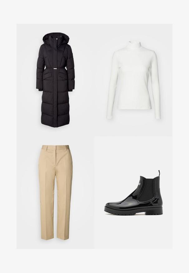 Lang sort polstret vinterjakke med hætte, forlommer, taljebælte og lynlåsfortil, præsenteret på en hvid baggrund.; Hvid ribbet turtleneck blouse med lange ærmer, lavet af elastisk stof. Har et tætsiddende design og høj hals for god dækning.; Beige bukser med lige ben, bæltestropper, forreste pres, og skjult lukning, vist mod en lys baggrund.; HUGO TABITA - Gummistøvler - black