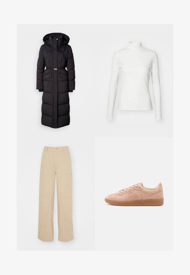 Lang sort polstret vinterjakke med hætte, forlommer, taljebælte og lynlåsfortil, præsenteret på en hvid baggrund.; Hvid ribbet turtleneck blouse med lange ærmer, lavet af elastisk stof. Har et tætsiddende design og høj hals for god dækning.; Beige brede bukser lavet af bomuld. Har to store frontlommer og en metalknaplukning i taljen. Glat tekstur.; Lyserøde suedestøvler med gummisål, rund tå og snørebåndslukning. Har minimal branding på siden og hælen.