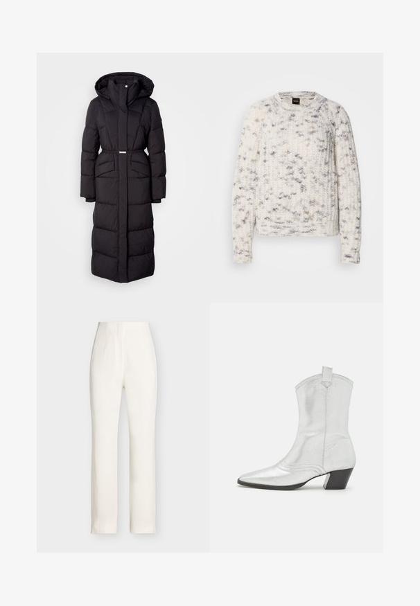 Long manteau d'hiver noir rembourré avec capuche, poches avant, taille ceinturée et fermeture éclair sur le devant, présenté sur un fond blanc.; Pull tricoté blanc et gris avec un motif texturé, col rond, manches longues et coupe décontractée. Étiquette de la marque visible au niveau du col.; Pantalon blanc taille haute, jambes droites, avec détails de couture sur le devant et fermeture dissimulée sur un fond gris clair uni.; Castañer DIMBA - Bottines de cowboy / motard - plata