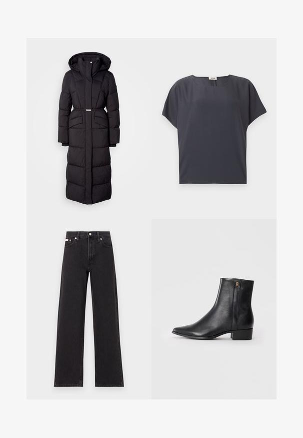 Long manteau d'hiver noir rembourré avec capuche, poches avant, taille ceinturée et fermeture éclair sur le devant, présenté sur un fond blanc.; Blouse à manches courtes gris foncé avec encolure ronde et coupe ample, présentée à plat sur un fond clair.; Jeans noirs à jambes larges en denim, avec une taille haute, une coupe à cinq poches et une fermeture à bouton en métal avec des coutures contrastantes.; Bottines en cuir noir avec un bout pointu, texture lisse, petit talon carré et un logo doré sur le côté.