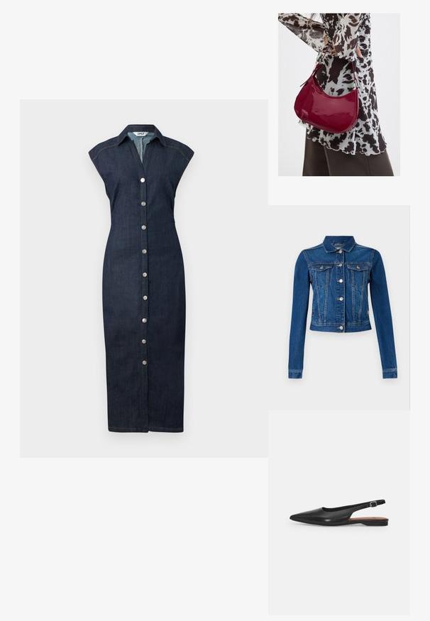Jeansjakke i mellemblå farve med et cropped design, der har sølv farvede trykknapper, to brystlommer og lange ærmer med kontrast-syninger.; Denimkjole med knaplukning foran, krave, korte ærmer og tætsiddende silhuet, i en mørk vask med subtile stikninger.; Sorte læder slingback sko med spidse tæer, subtil glans og justerbar ankelrem. Flad hæl med en brun indersål.; Kvinde iført en sort- og hvidmønstret bluse, der holder en blank rød skuldertaske mod en ensfarvet baggrund.