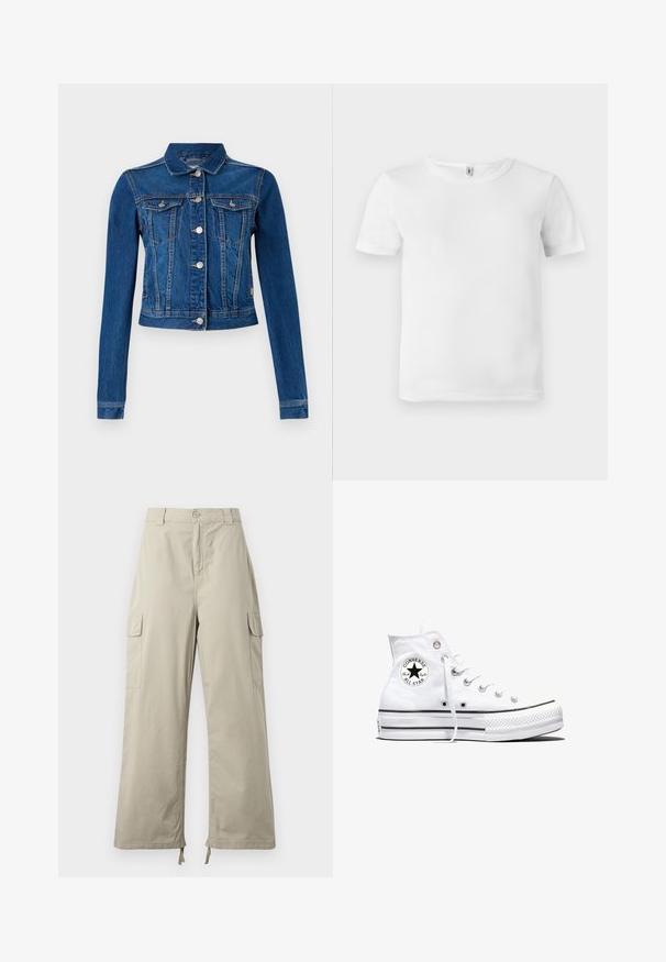 Chaqueta de denim en azul medio con un diseño cropped, que cuenta con botones a presión plateados, dos bolsillos en el pecho y mangas largas con costuras en contraste.; Camiseta blanca de manga corta con textura acanalada. Cuello redondo clásico, sin logotipos ni patrones visibles, y un diseño simple y limpio.; Pantalones cargo de color beige claro con un ajuste relajado, que cuentan con cierre de botón, bolsillos laterales y dobladillo ajustable con cordones. Textura de tela suave.; Zapatilla blanca de caña alta Converse Chuck Taylor All Star con parche de logo negro y cordones blancos, presentada sobre fondo blanco.