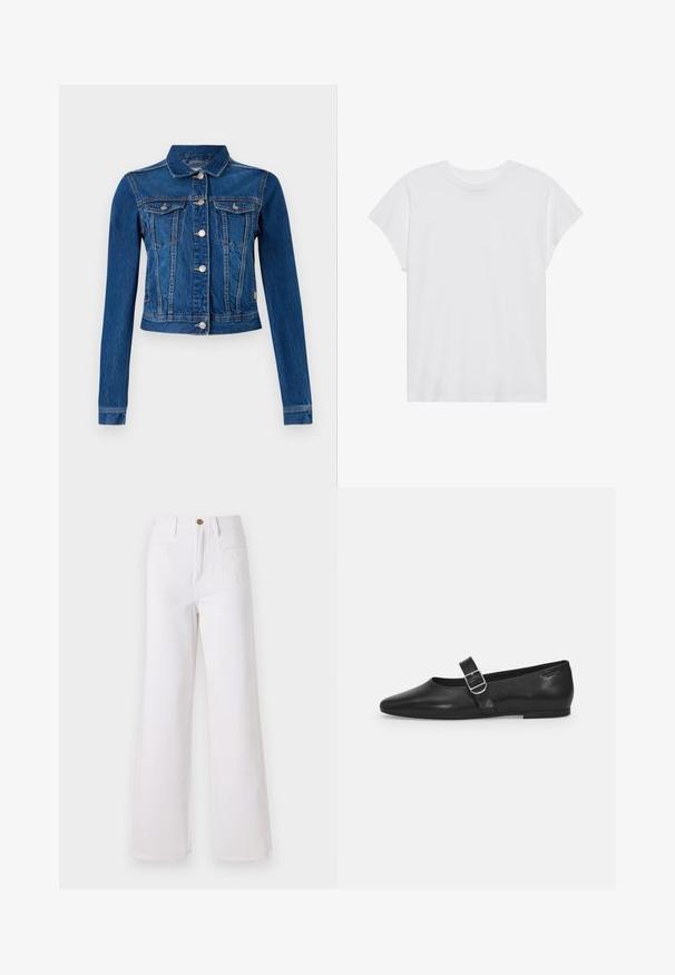 Jeansjakke i mellemblå farve med et cropped design, der har sølv farvede trykknapper, to brystlommer og lange ærmer med kontrast-syninger.; Hvid kortærmet t-shirt med rund hals, afslappet pasform, lavet af blødt bomuldsstof. Glat tekstur, ingen mønstre eller logoer.; Hvide vide jeans lavet af denim, med høj talje, frontknaplukning og to baglommer. Glat tekstur, minimal syningdetaljer.; Sorte læder flade sko med rund tå, et enkelt justerbart spænde og en glat, blank overflade. Minimalistisk design med en lav hæl.
