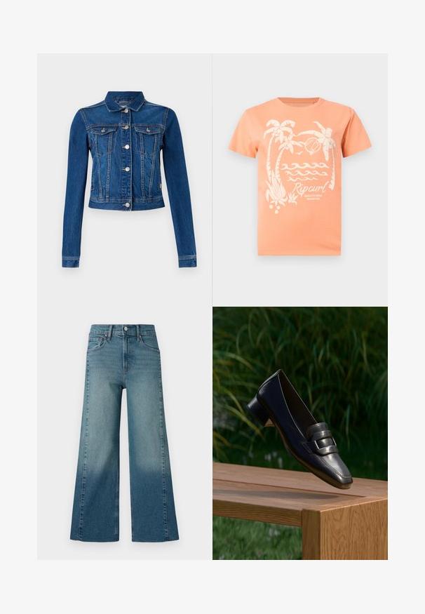 Jeansjakke i mellemblå farve med et cropped design, der har sølv farvede trykknapper, to brystlommer og lange ærmer med kontrast-syninger.; Kortærmet t-shirt i ferskenfarve med hvide palmer, bølger, en volleyball og teksten "Ripcurl Quality Surf Products" foran.; Bredde jeans i en medium blå vask, med en gradient effekt fra mørkere til lysere. Lavet af denim med et traditionelt fem-lomme design.; Sort læderloafer med lav hæl og dekorativ rem, balanceret på kanten af en træbænk udendørs med grønne planter i baggrunden.