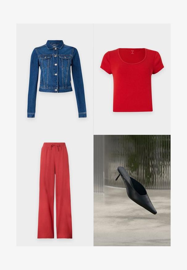 Jeansjacke in mittlerem Blau mit einer cropped Design, ausgestattet mit silbernen Druckknöpfen, zwei Brusttaschen und langen Ärmeln mit kontrastierender Naht.; Rotes T-Shirt mit kurzen Ärmeln aus weichem Stoff, mit einem runden Ausschnitt und einer taillierten Form mit sauberen Kanten.; Rote Hose mit weitem Bein, elastischem Bund und Kordelzug, aus weichem Stoff gefertigt.; Schwarzer spitzer Mule-Schuh mit dünnem hohen Absatz, der über einem glatten Betonboden schwebt, mit einem unscharfen vertikal gestreiften Hintergrund.