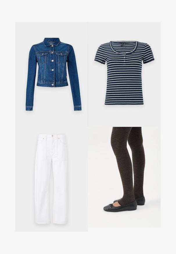 Chaqueta de denim en azul medio con un diseño cropped, que cuenta con botones a presión plateados, dos bolsillos en el pecho y mangas largas con costuras en contraste.; Camiseta de rayas azul marino y blanca de manga corta con cuello redondo y cierre de tres botones en la parte delantera. Textura suave y ajustada.; Pantalones de mezclilla blanca con diseño de pierna recta, costuras naranjas en contraste, cinco bolsillos y cierre de botón y cremallera.; Piernas con leggings oscuros acanalados combinados con bailarinas negras que presentan pequeños detalles de lazo sobre un fondo blanco.