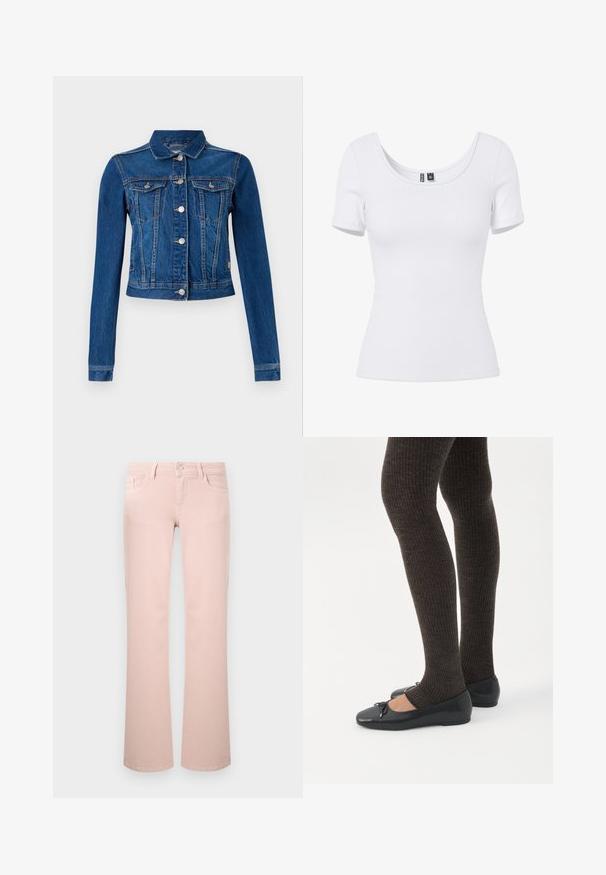 Jeansjas in middelblauw met een cropped ontwerp, voorzien van zilveren drukknoopjes, twee borstzakken en lange mouwen met contrasterende stiksels.; Wit geribd kort mouwtje, nauwsluitend topje met ronde halslijn en zichtbaar merkembleem binnenin de kraag.; Lichtroze jeans met rechte pijpen, voorzakken, lussentaille en een metalen knoopsluiting.; Benen met donkere geribbelde leggings gecombineerd met zwarte ballerina's met kleine strikdetails op een witte achtergrond.