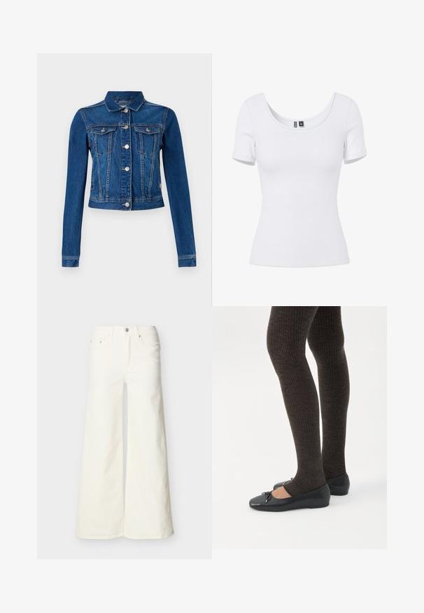 Jeansjakke i mellemblå farve med et cropped design, der har sølv farvede trykknapper, to brystlommer og lange ærmer med kontrast-syninger.; Hvid ribbet, kortærmet tætsiddende top med rund halsudskæring og synlig mærkeetiket inde i kraven.; Hvide denimbukser med vide ben, fem lommer og knappelukning, vist fladt mod en lys baggrund.; Ben iført mørke ribbede leggings kombineret med sorte balletsko med små sløjfedetaljer på hvid baggrund.