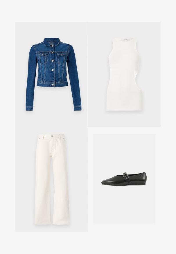 Jeansjacke in mittlerem Blau mit einer cropped Design, ausgestattet mit silbernen Druckknöpfen, zwei Brusttaschen und langen Ärmeln mit kontrastierender Naht.; Weißes ärmelloses, figurbetontes Oberteil mit hohem Ausschnitt und asymmetrischem seitlichem Cut-out, gefertigt aus glattem Stoff.; Weiße weit geschnittene Jeans aus Denim, mit einem Knopfverschluss vorne, fünf Taschen und einer glatten Textur ohne sichtbare Muster.; Schwarze Lederflachschuhe mit spitzem Zehenbereich, ausgestattet mit einem metallischen Riemen über dem Spann und einer niedrigen, flexiblen Sohle.