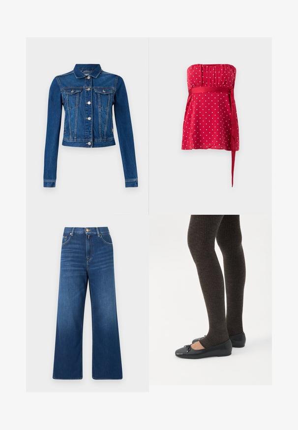 Jeansjakke i mellemblå farve med et cropped design, der har sølv farvede trykknapper, to brystlommer og lange ærmer med kontrast-syninger.; Rød stropløs top med hvide polkaprikker, rynket liv og et bundet bånd, der snøres ind i taljen. Glat stof med et flydende design.; Blå vidde ben denimjeans med høj talje, knap- og lynlåslukning foran samt lommer foran og bagpå.; Ben iført mørke ribbede leggings kombineret med sorte balletsko med små sløjfedetaljer på hvid baggrund.