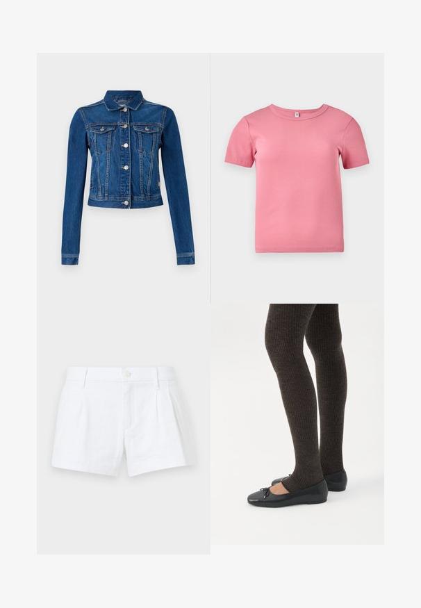 Chaqueta de denim en azul medio con un diseño cropped, que cuenta con botones a presión plateados, dos bolsillos en el pecho y mangas largas con costuras en contraste.; Camiseta de manga corta de color rosa, con relieve y hecha de un tejido suave, que presenta un escote redondo y un diseño ligeramente ajustado.; Bermudas de lino blancas con pliegues, cierre de botón y bolsillos laterales. Presentan un corte ajustado y una textura suave.; Piernas con leggings oscuros acanalados combinados con bailarinas negras que presentan pequeños detalles de lazo sobre un fondo blanco.