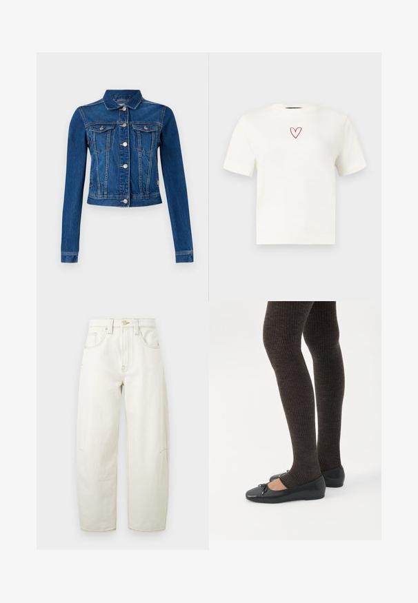 Jeansjakke i mellemblå farve med et cropped design, der har sølv farvede trykknapper, to brystlommer og lange ærmer med kontrast-syninger.; Hvid T-shirt med korte ærmer og rund halsudskæring med et lille rødt hjerte kontur centreret nær halsudskæringen.; Højttaljede, vidtbenede jeans i cremefarvet denim med frontlommer og synlige syninger på en ensfarvet baggrund.; Ben iført mørke ribbede leggings kombineret med sorte balletsko med små sløjfedetaljer på hvid baggrund.