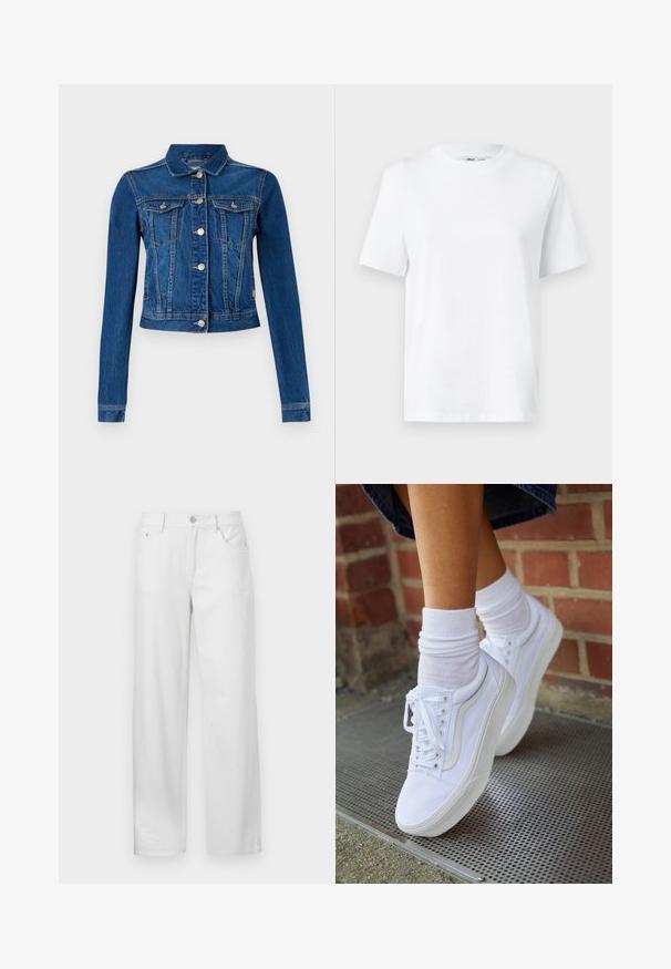 Jeansjacke in mittlerem Blau mit einer cropped Design, ausgestattet mit silbernen Druckknöpfen, zwei Brusttaschen und langen Ärmeln mit kontrastierender Naht.; Weißes Baumwoll-T-Shirt mit Rundhalsausschnitt, kurzärmlig und mit glatter Textur. Entworfen mit einer lockeren Passform für Komfort und Vielseitigkeit.; Weiße Denim-Hosen mit lockerer Passform, ausgestattet mit einem Knopf- und Reißverschluss, Gürtelschlaufen und einem klassischen Five-Pocket-Design.; Weiße Leinensneaker mit Gummisohlen, ausgestattet mit sechs Ösen, runder Zehenpartie und dezenten Nähten, kombiniert mit weißen Knöchelsocken.