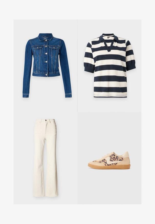 Chaqueta de denim en azul medio con un diseño cropped, que cuenta con botones a presión plateados, dos bolsillos en el pecho y mangas largas con costuras en contraste.; Camisa polo de algodón a rayas con rayas horizontales blancas y marinas, manga corta tipo abullonada, escote en V y cuello de canalé.; Vaqueros de color marfil, de tiro alto, con botón delantero, cremallera, bolsillos delanteros y traseros, y diseño de pierna ligeramente acampanada.; Zapatillas de leopardo con parte superior de ante beige, suela de goma marrón y acentos blancos. Punta redonda y diseño con cordones con un acabado texturado.