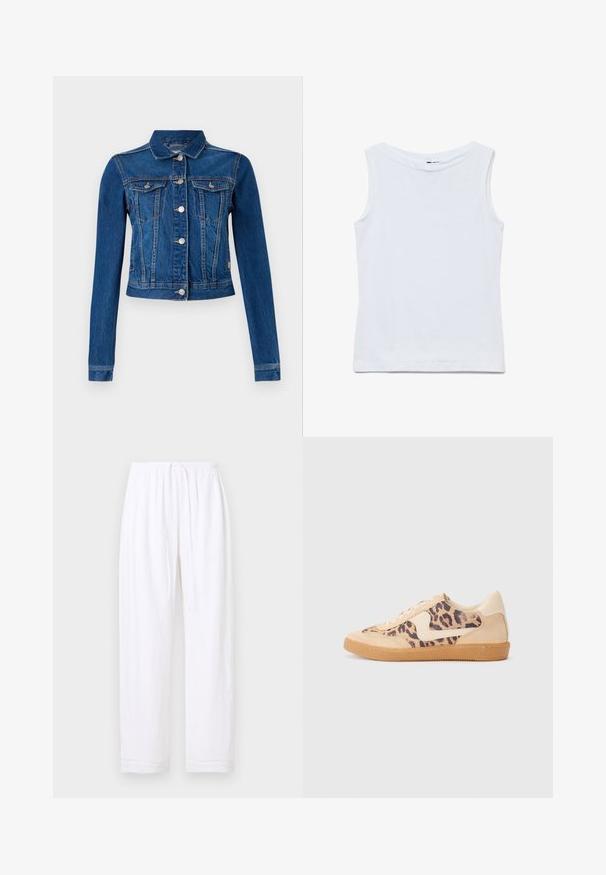 Chaqueta de denim en azul medio con un diseño cropped, que cuenta con botones a presión plateados, dos bolsillos en el pecho y mangas largas con costuras en contraste.; Camiseta blanca sin mangas de algodón con un amplio escote redondo y dobladillo recto, mostrada extendida sobre un fondo blanco.; Pantalones blancos de lino con cordón, cintura elástica y piernas rectas sobre un fondo blanco liso.; Zapatillas de leopardo con parte superior de ante beige, suela de goma marrón y acentos blancos. Punta redonda y diseño con cordones con un acabado texturado.
