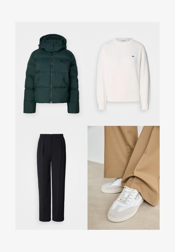 Grüne Daunenjacke mit hohem Kragen, Reißverschluss vorne und Seitentaschen. Verfügt über ein dezentes Logo auf der Brust und eine Kapuze.; Weißes Sweatshirt aus weichem Stoff, mit Rundhalsausschnitt, langen Ärmeln, gerippten Bündchen und kleinem grünen Lacoste-Logo auf der Brust.; Schwarze, maßgeschneiderte Hose mit geradem Bein, vorderen Falten, Gürtelschlaufen und verdecktem Frontverschluss vor weißem Hintergrund.; Weiße Sneakers mit Wildlederakzenten, strukturierten Schnürsenkeln und einer Gummisohle. Kombiniert mit lockeren, sandfarbenen Hosen. Logo an der Seite angebracht.